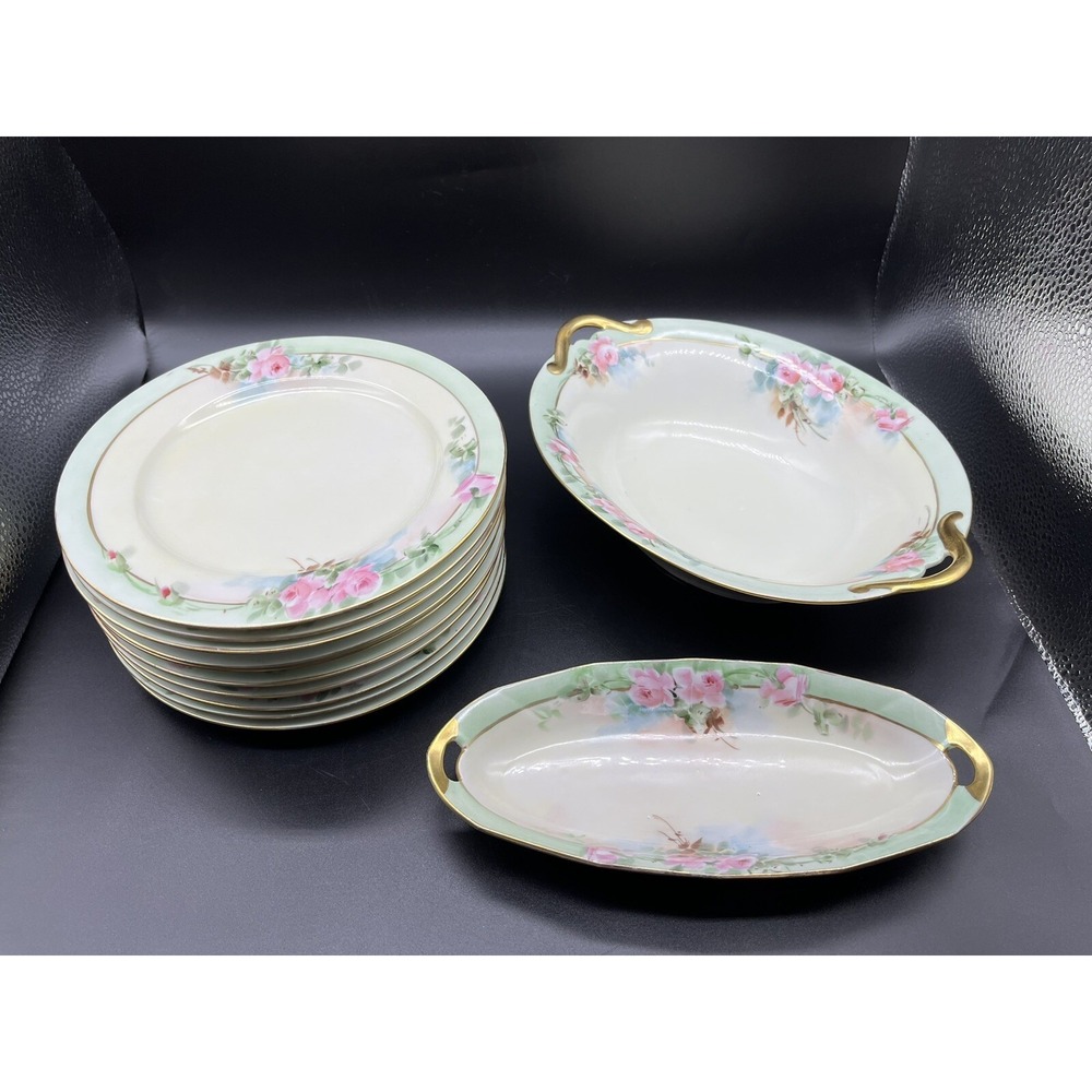 Antique Czechoslovakia 10 Plates & 2 Oval Bowls Hand Painted Roses Pink Signed